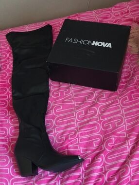 Fashion Nova Black Over-The-Knee Block Heel Boots with Metallic Toe